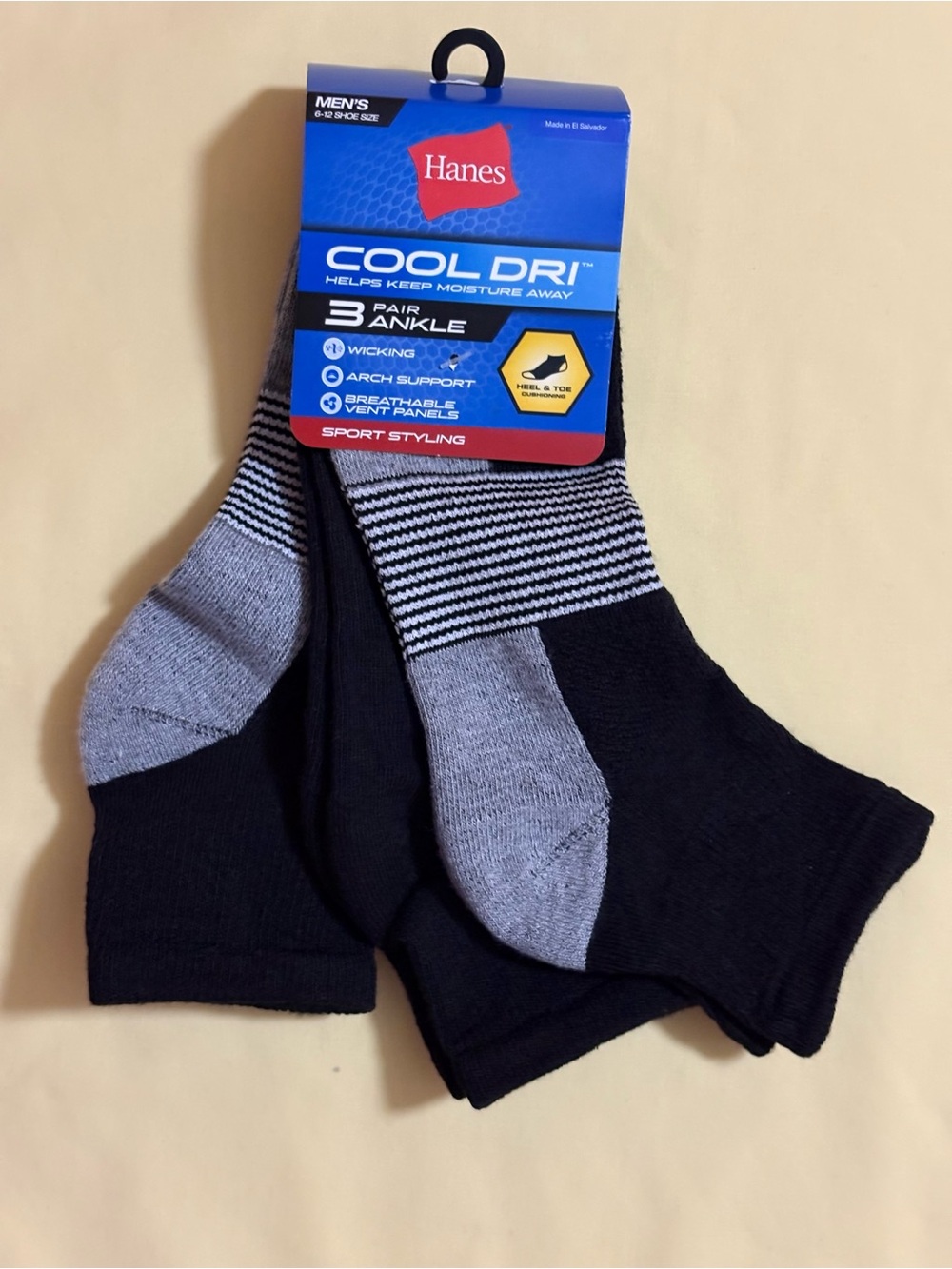 🍎 HANES Men’s Ankle Socks 3 Pair Pack Black & Gray Cushion Cool Dri Sz 6-12 NWT